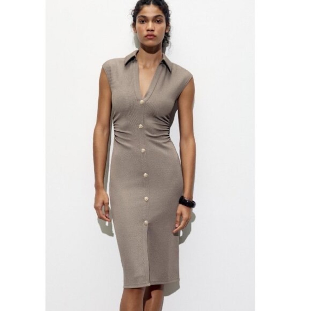 Zara Women Taupe Pique Ruched Button Front Bodycon Midi Shirt Dress Size M